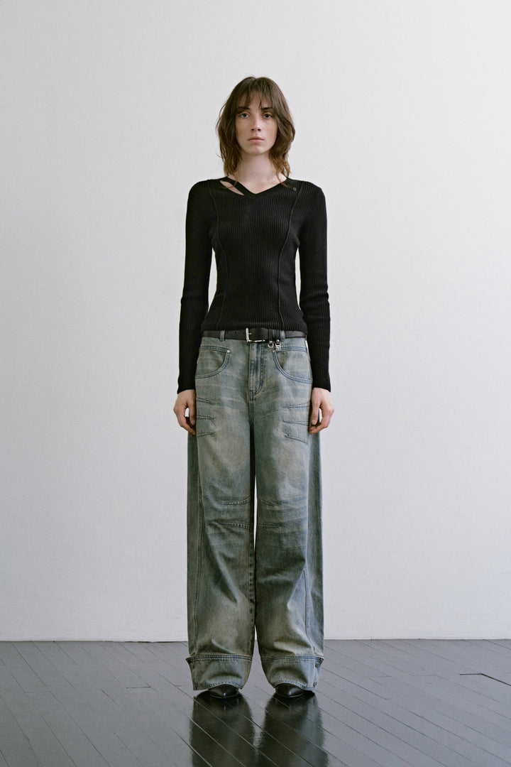 Treemingbird Back Slit Knit Pullover Black