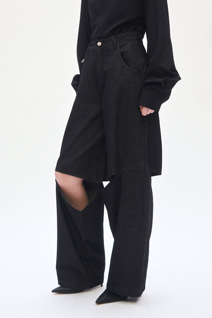 Treemingbird Knee Slit Wide Pants Black Denim