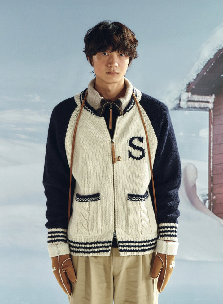 Satur Knit Varsity Jacket - Cream