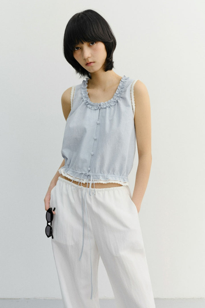 Dunst Frill Sleeveless Blouse Soft Blue Check