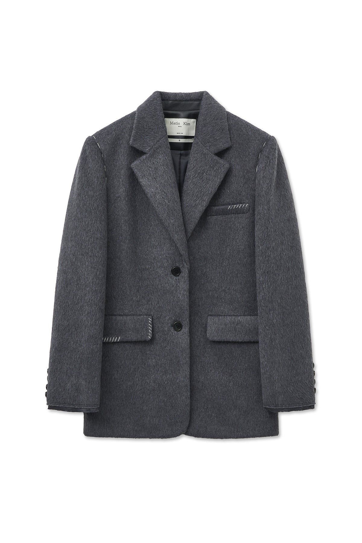 [matinkim] HAIRY OVERFIT STITCH SINGLE JACKET IN GREY