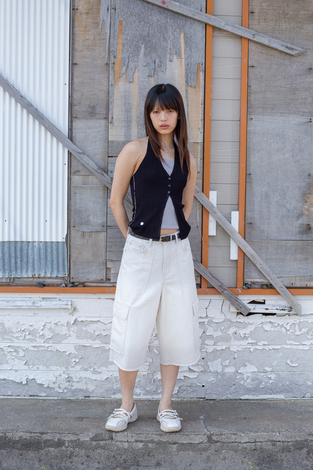 Matinkim Layered Button Halter Neck Top IN Black