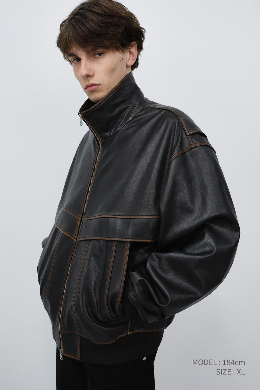 Dunst Unisex Stand Collared Leather Blouson Brushed Brown
