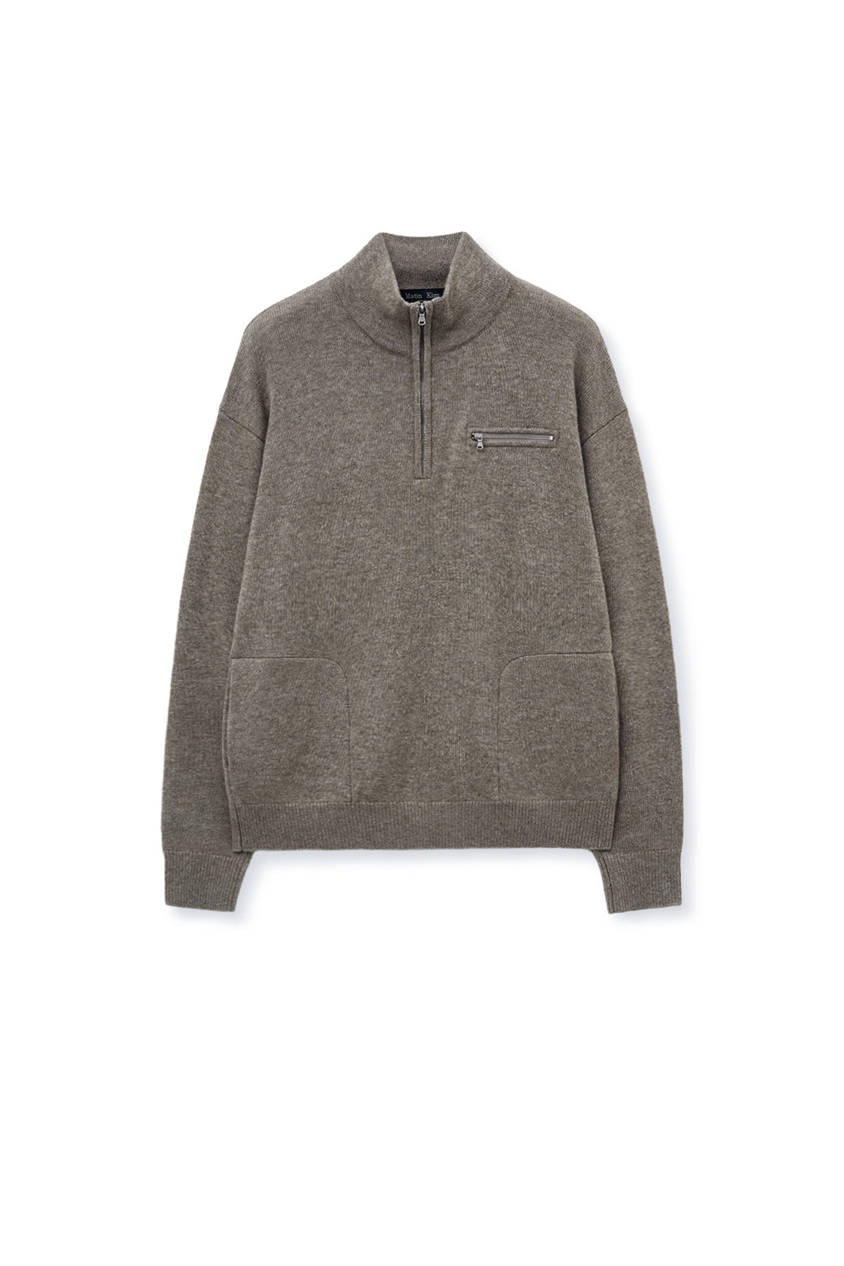 [matinkim] BACK LOGO HALF KNIT ZIP UP PULLOVER FOR MEN IN DARK BEIGE