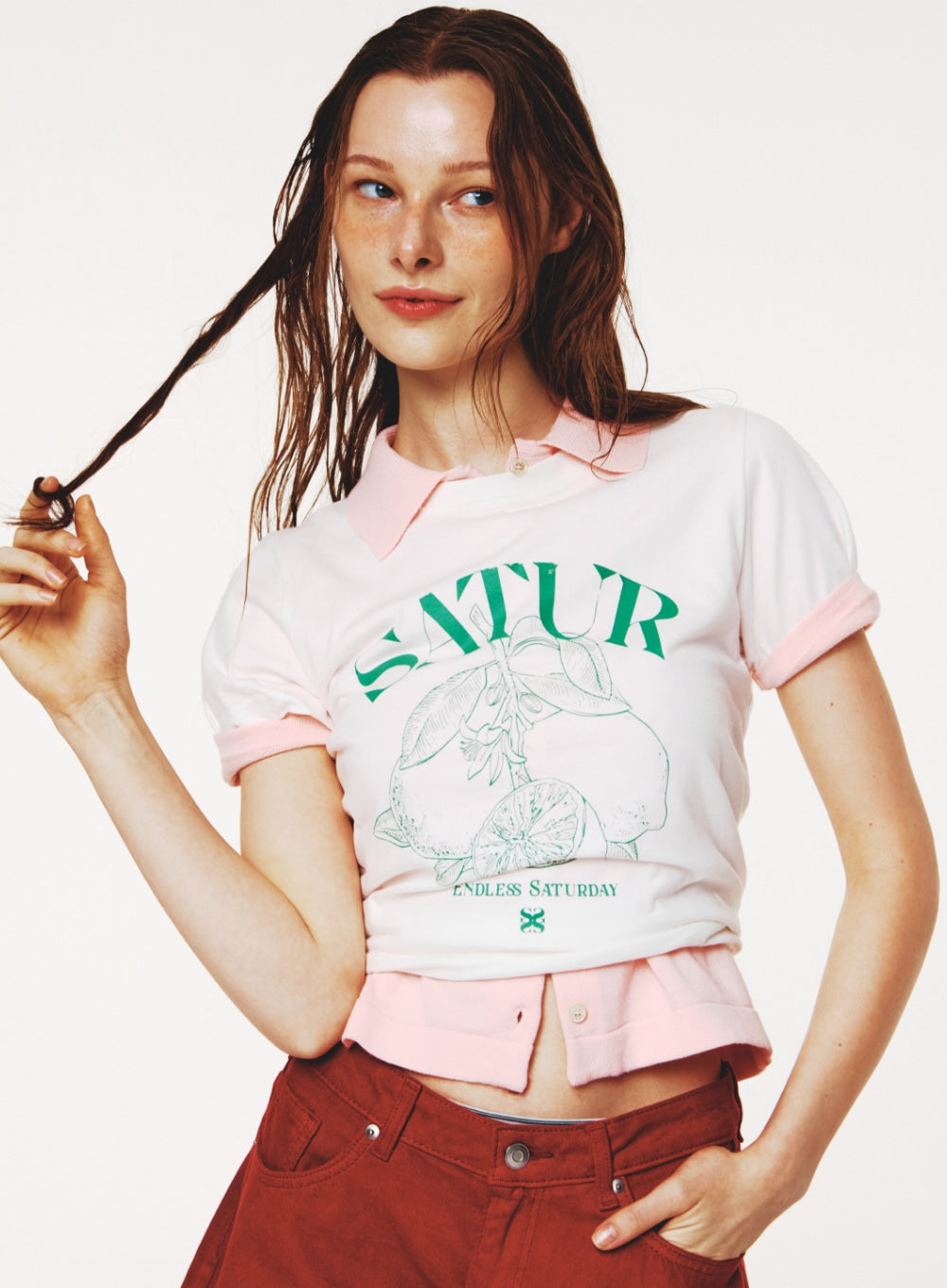 [satur] (W) Capri Citron Drawing Summer Graphic T-Shirt - Light Green