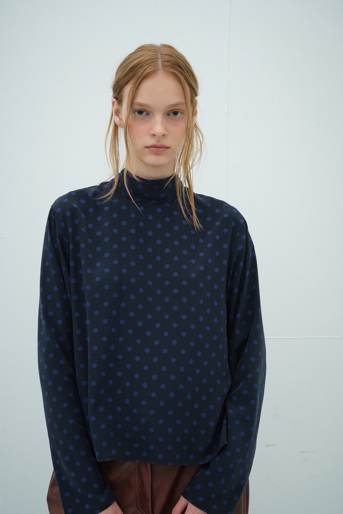 Overdueflair Dot Half Neck Tie Blouse Dot Navy