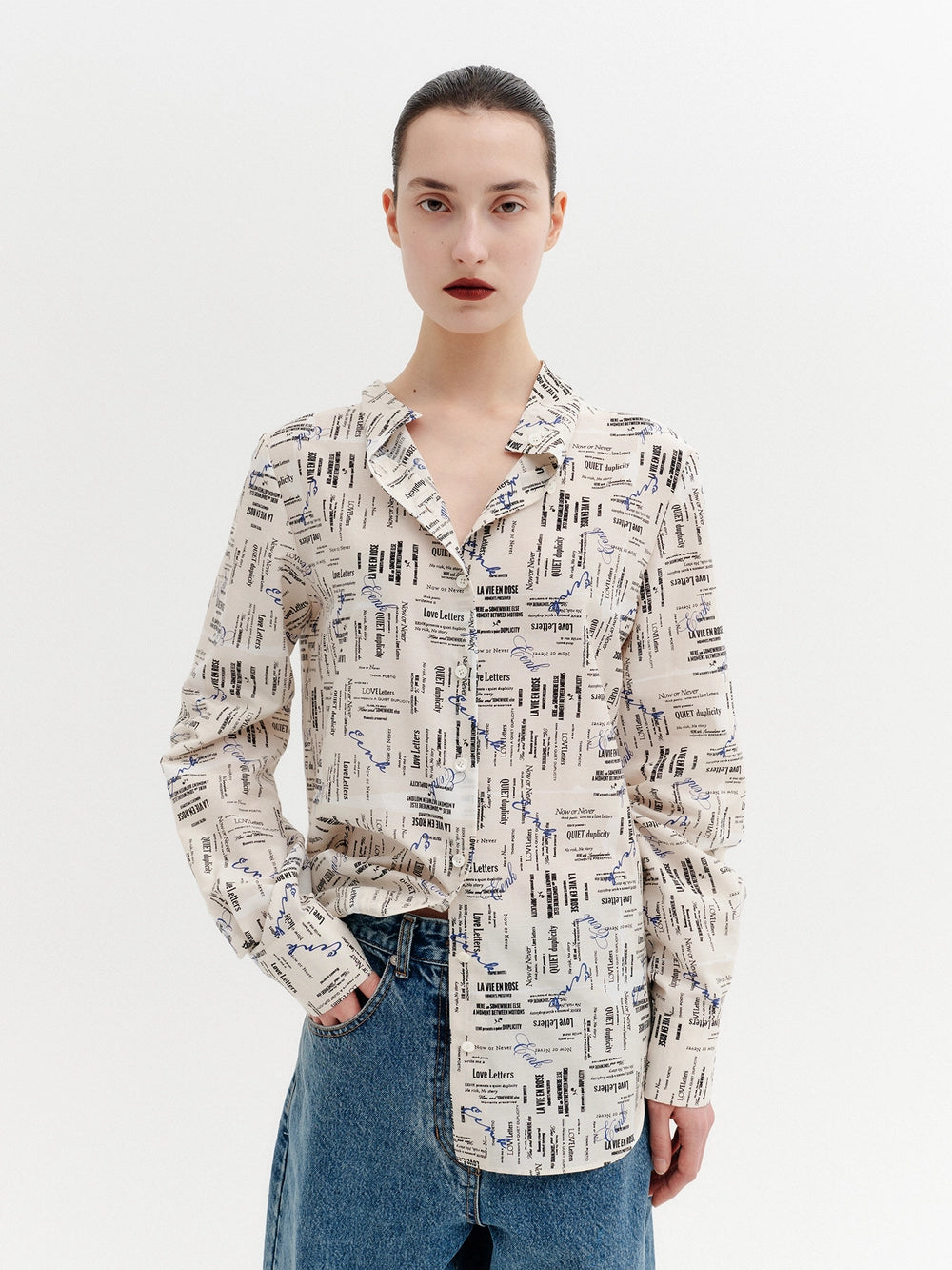 EENK Lettering Print Button-Up Shirt - Ivory