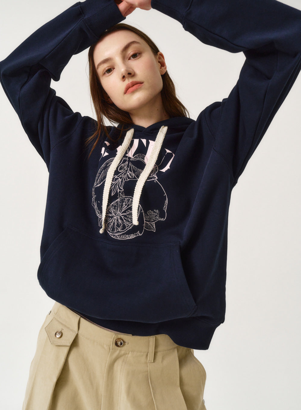[satur] (W) Capri Citron Drawing Graphic Hoodie - Blossom Navy