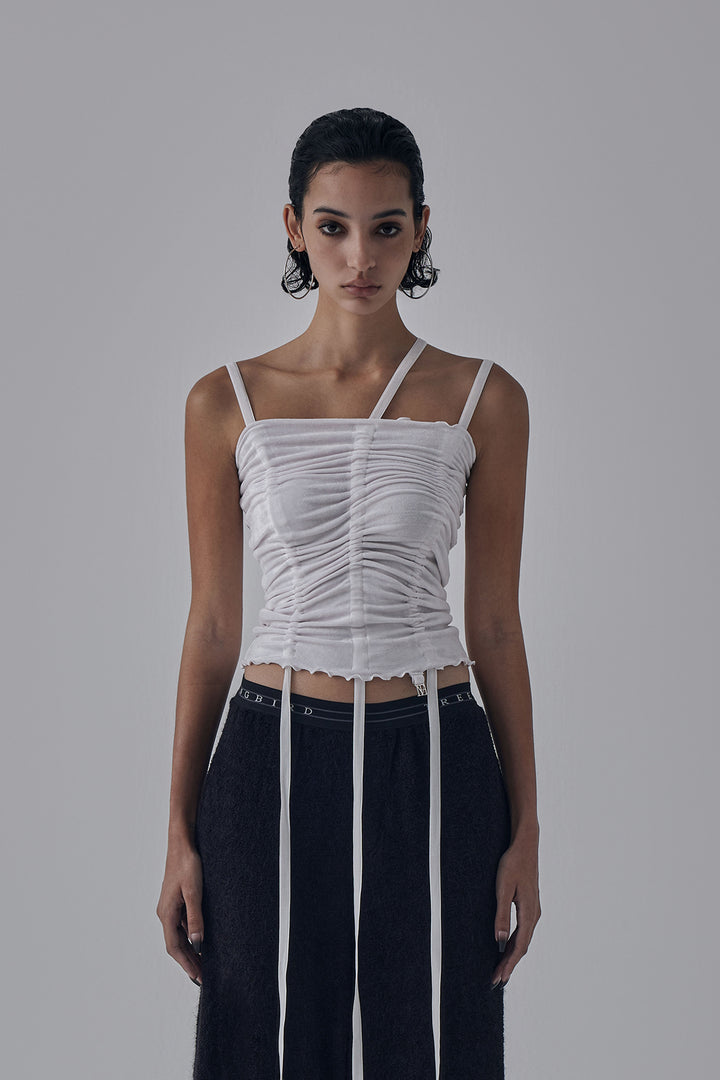 Treemingbird Velvet String Shirring Layered Top White