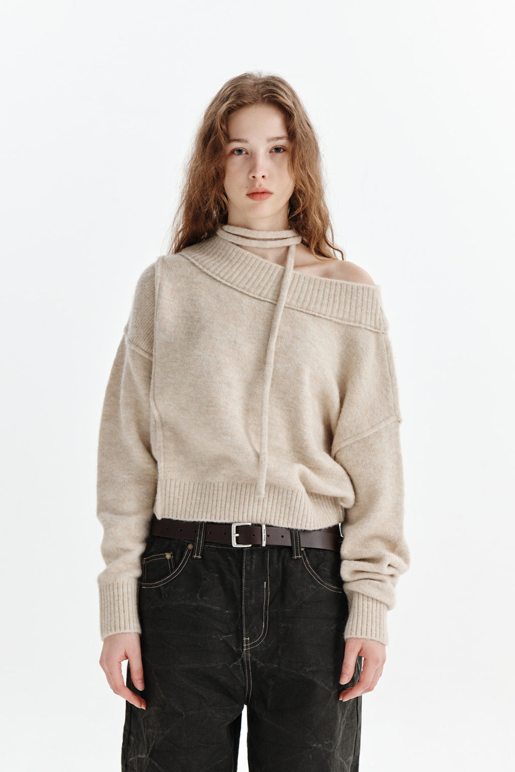 [matinkim] OFF SHOULDER STRING KNIT PULLOVER IN BEIGE
