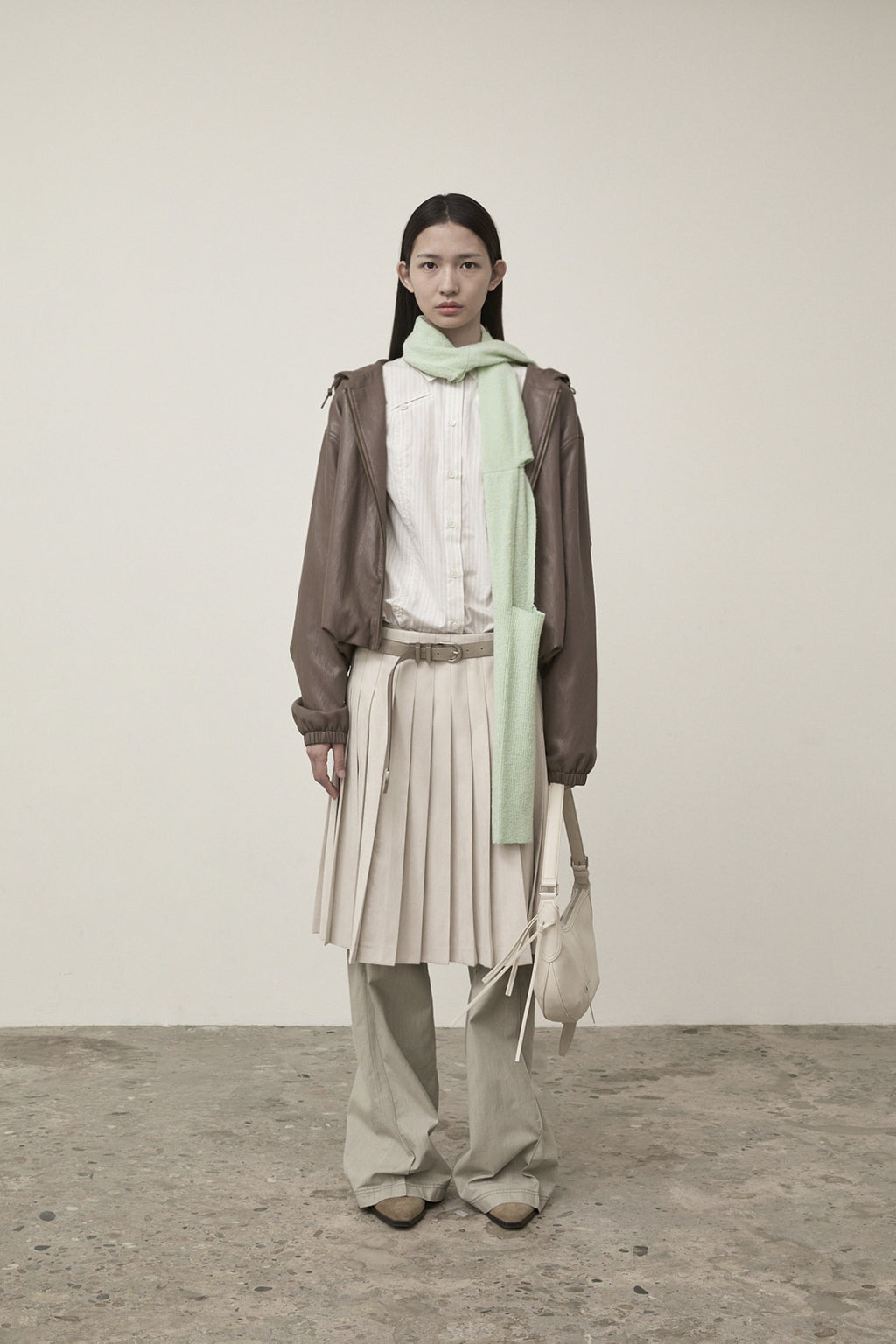 [matinkim] FAUX LEATHER HOODY CROP JUMPER IN BROWN