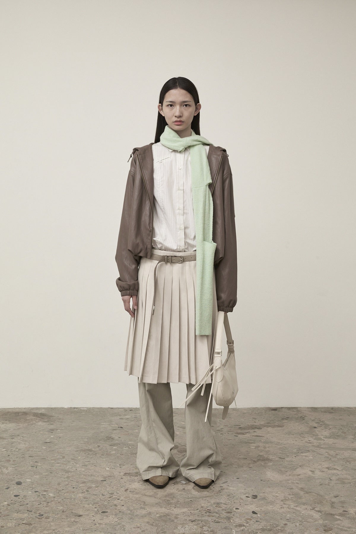 [matinkim] FAUX LEATHER HOODY CROP JUMPER IN BROWN