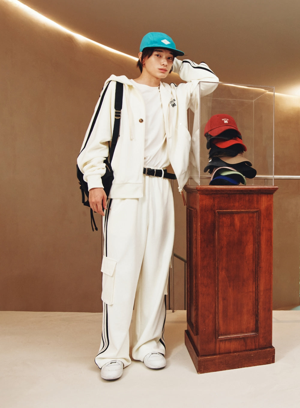 [satur] Lawton Cargo Track Pants - Cream Black