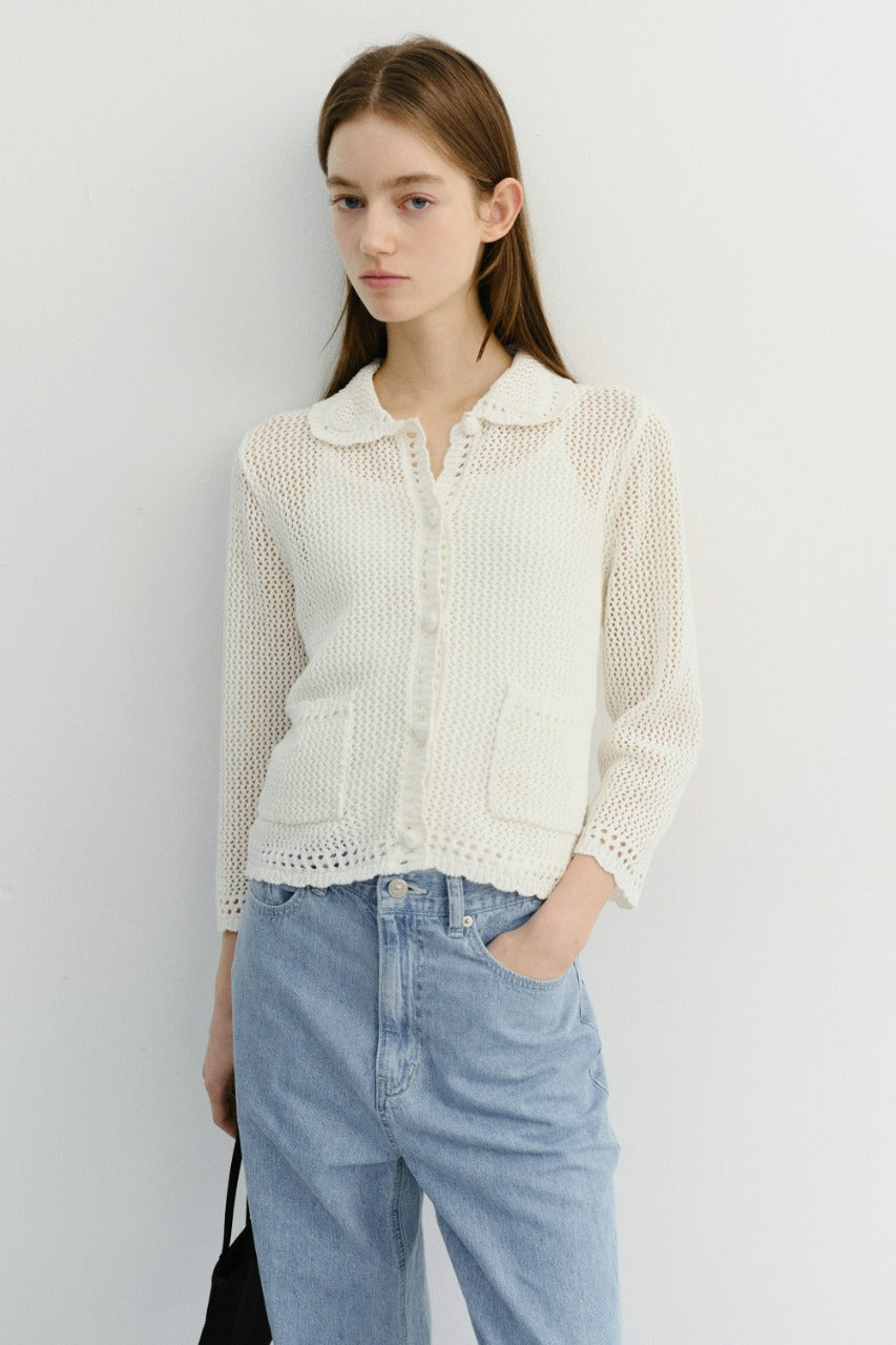 Dunst Crochet Collared Cardigan Ivory