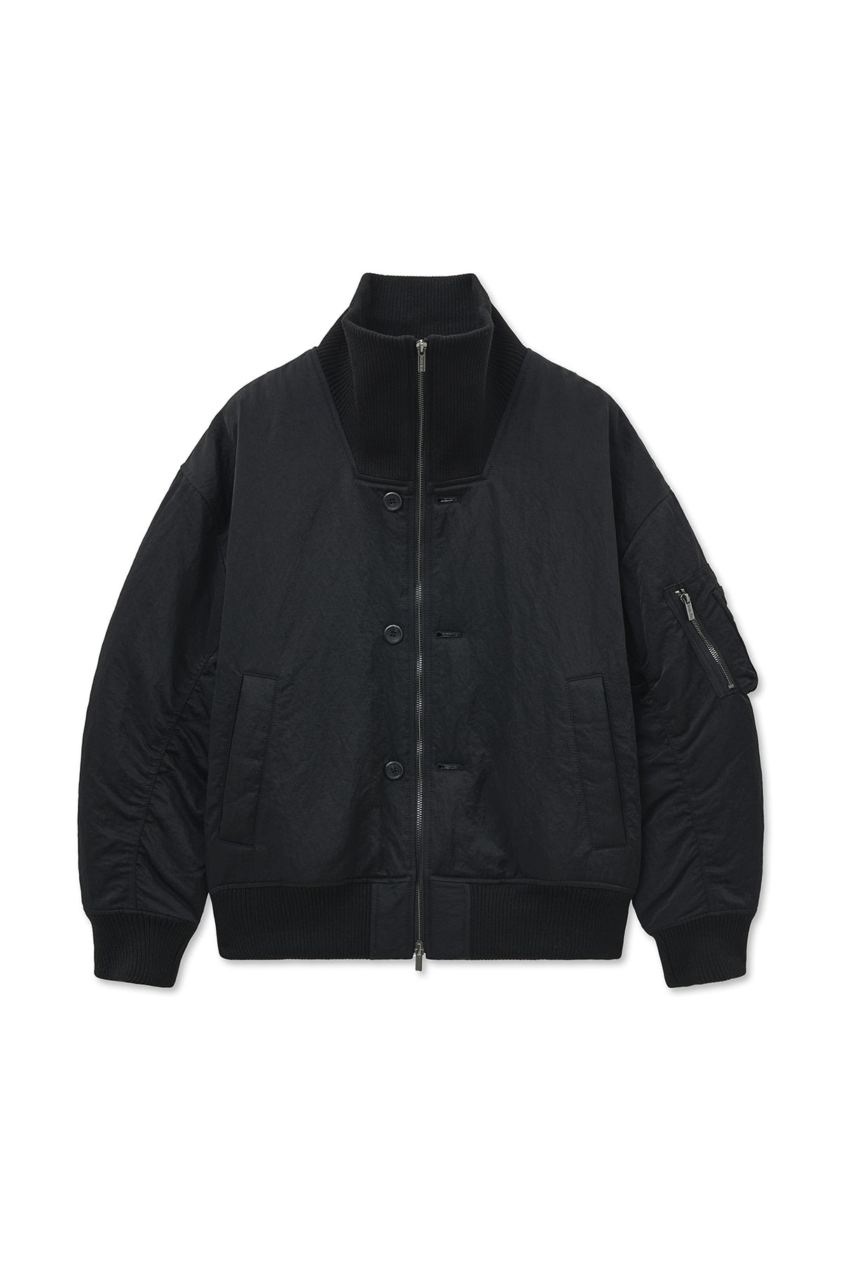 [matinkim] HIGH NECK BUTTON POINT ZIP UP JUMPER IN BLACK