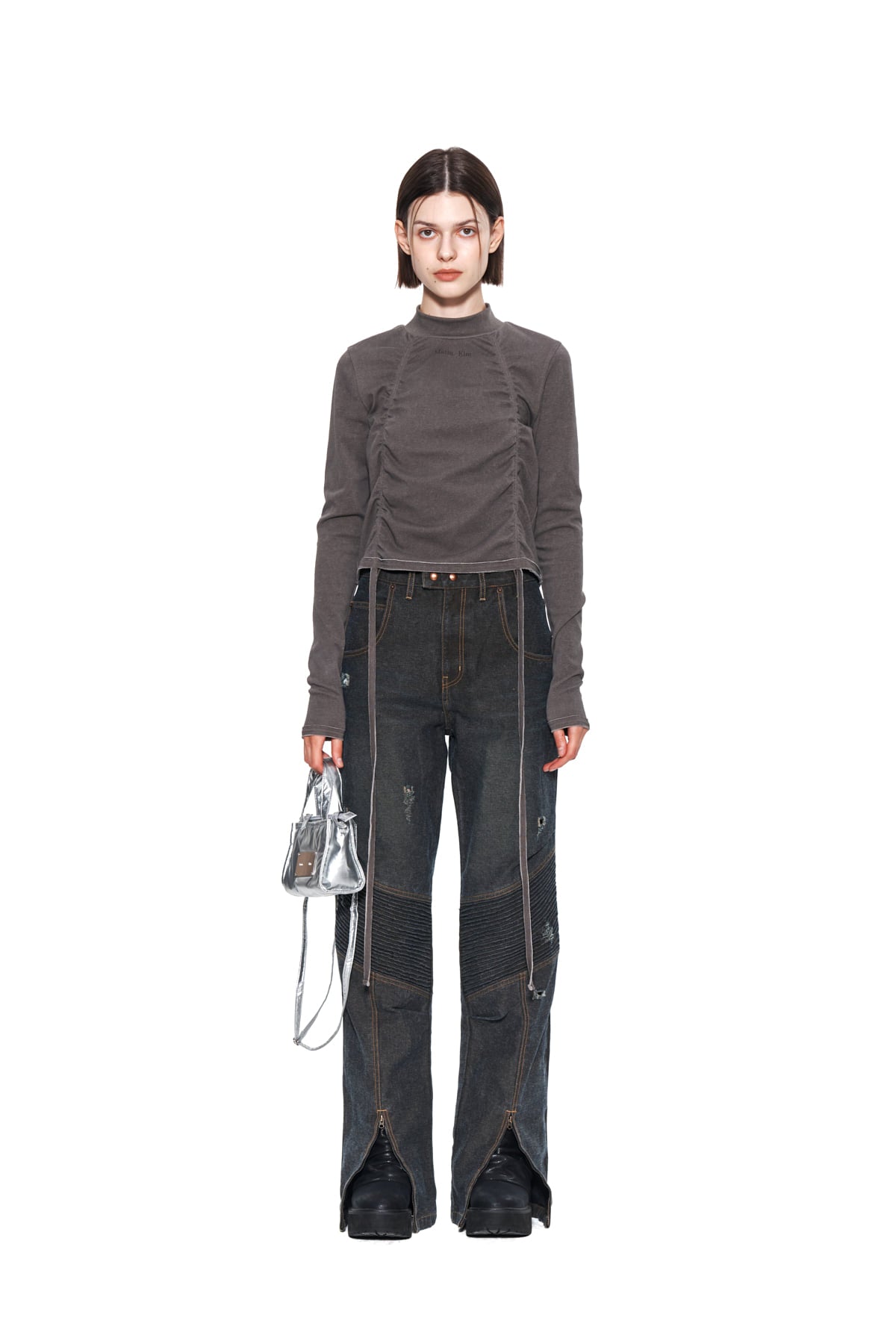 [matinkim] VINTAGE BIKER DENIM PANTS IN DARK GREY