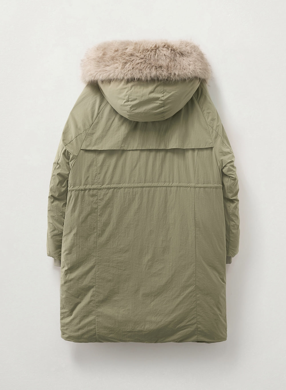 [satur] (W) Synthetic Fur Collar Hood Long Down - Khaki