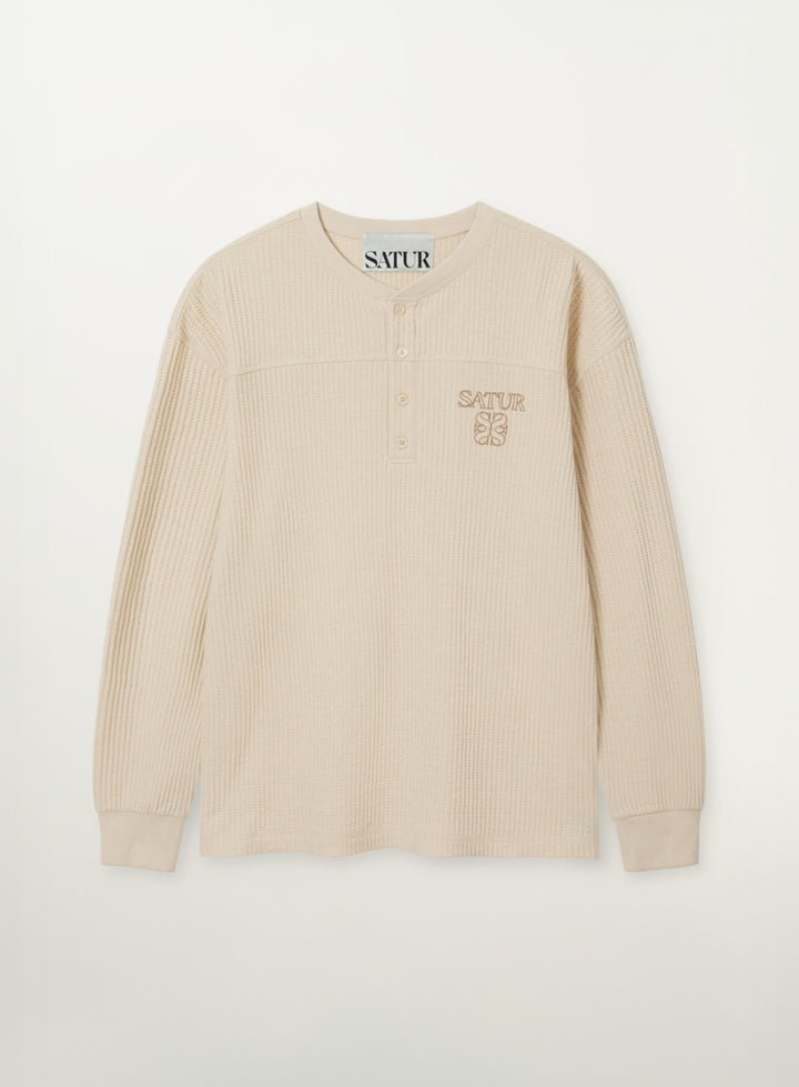 Satur Stitch Waffle Henley Neck Long Sleeve - Cream