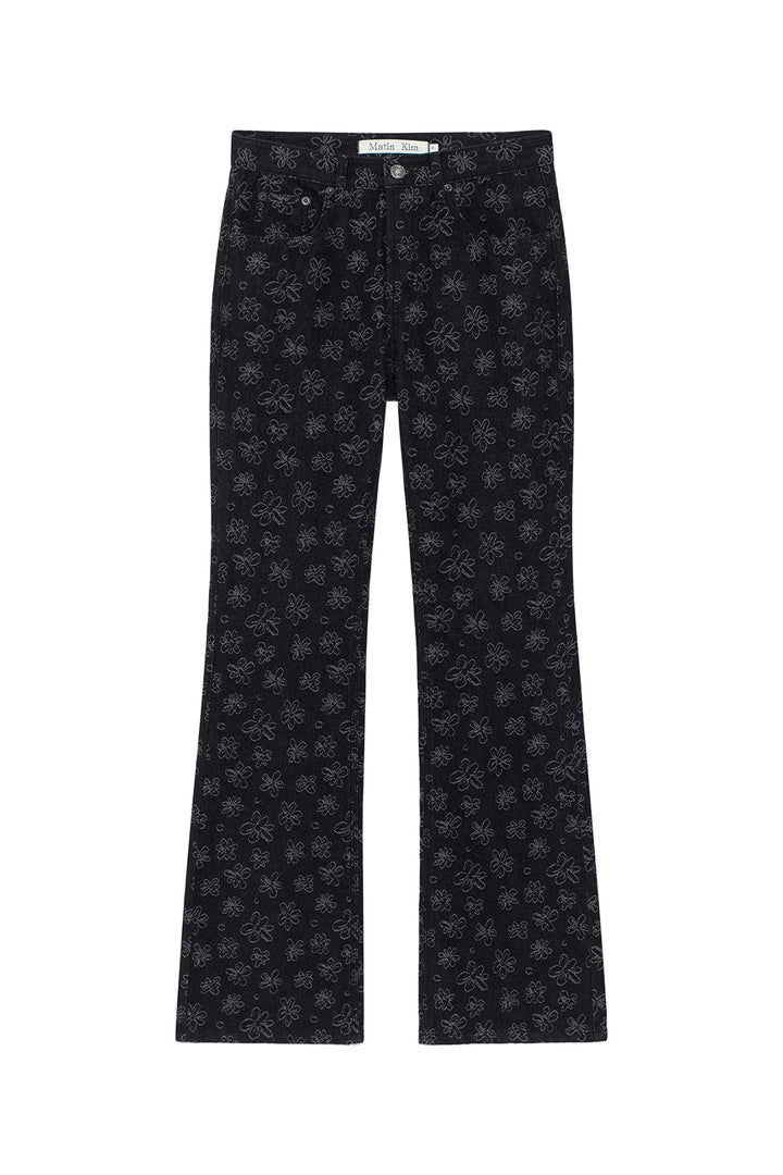 Matinkim Flower Pattern Flare Denim Pants IN Black