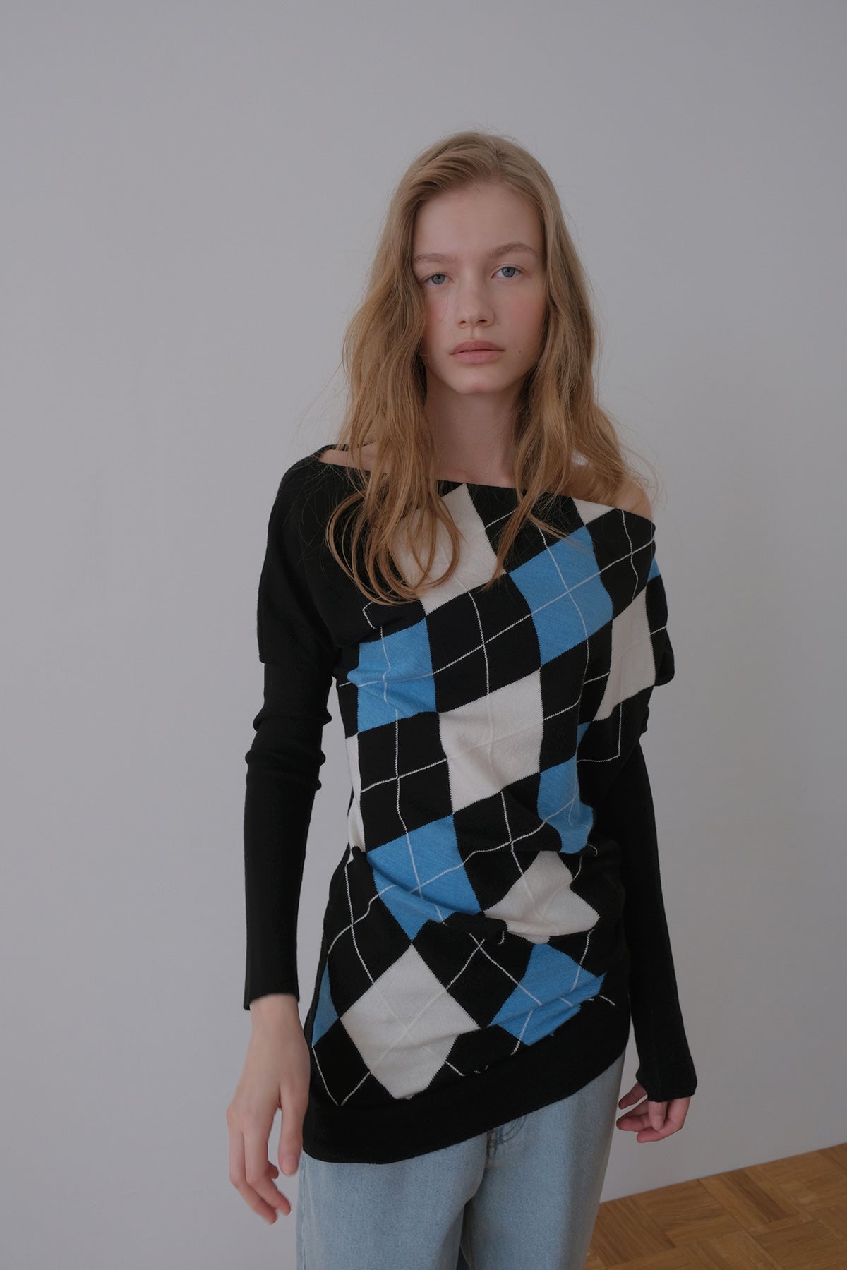 Overdueflair Asymmetric Drape Argyle Knit Mono Blue