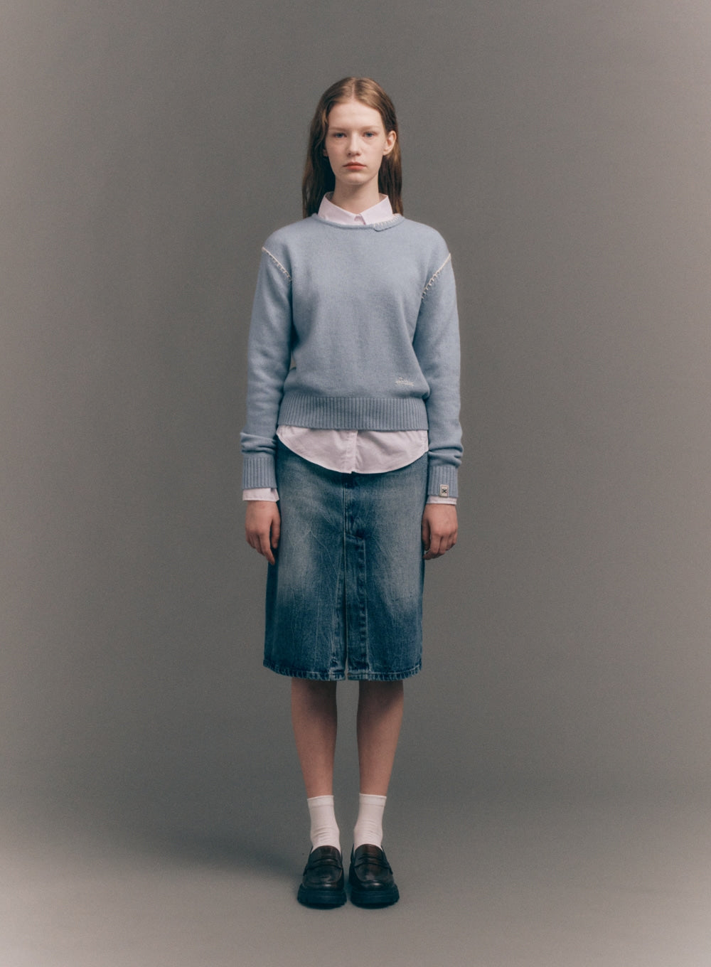 [satur] (W) Contrast Stitch Semi Crop Knit - Ice Blue