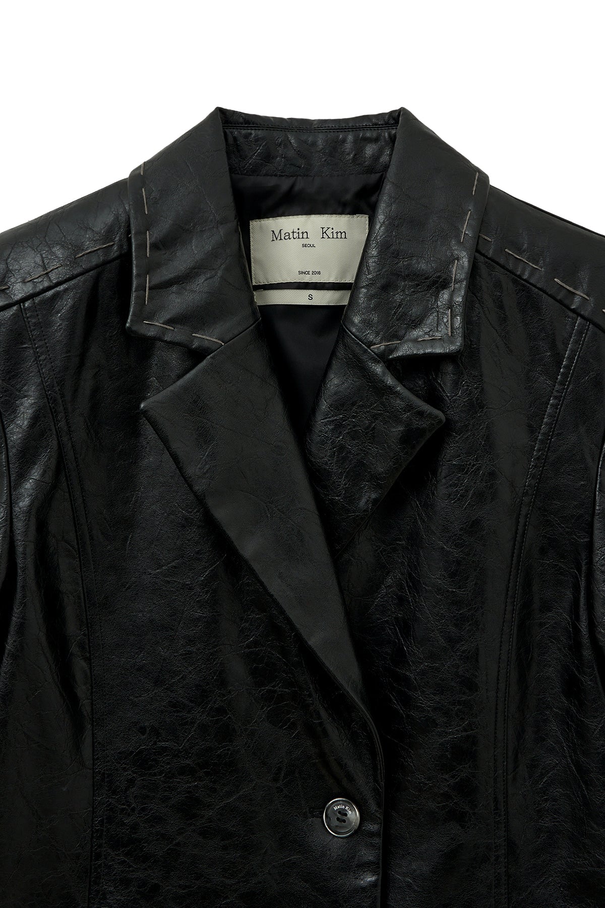 [matinkim] FAUX LEATHER HALF DOUBLE JACKET IN BLACK