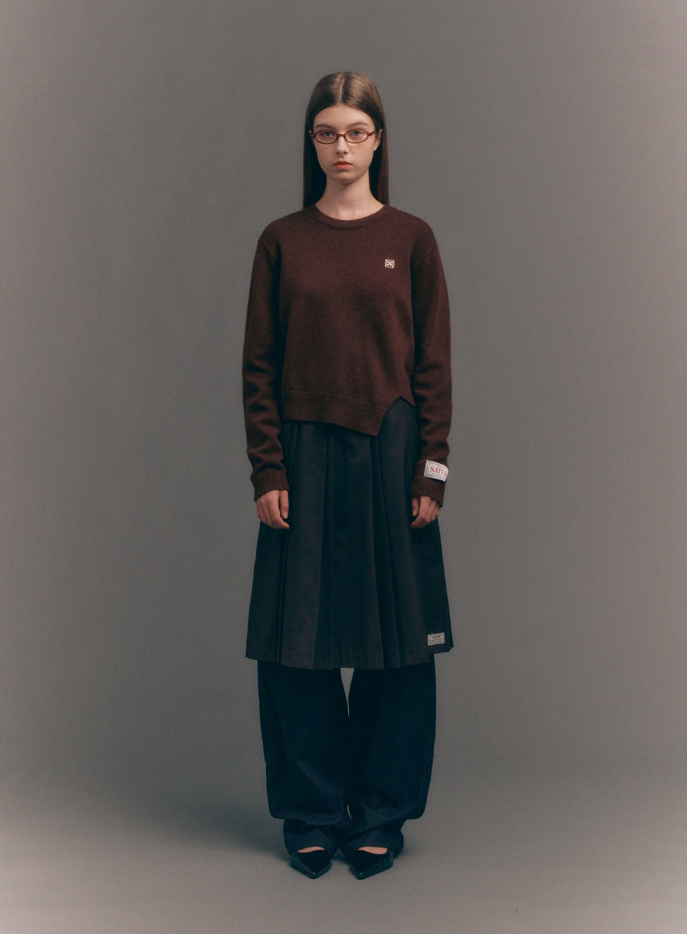 [satur] (W) Dublin Unbalanced Cashmere Blend Knit - Brick Brown