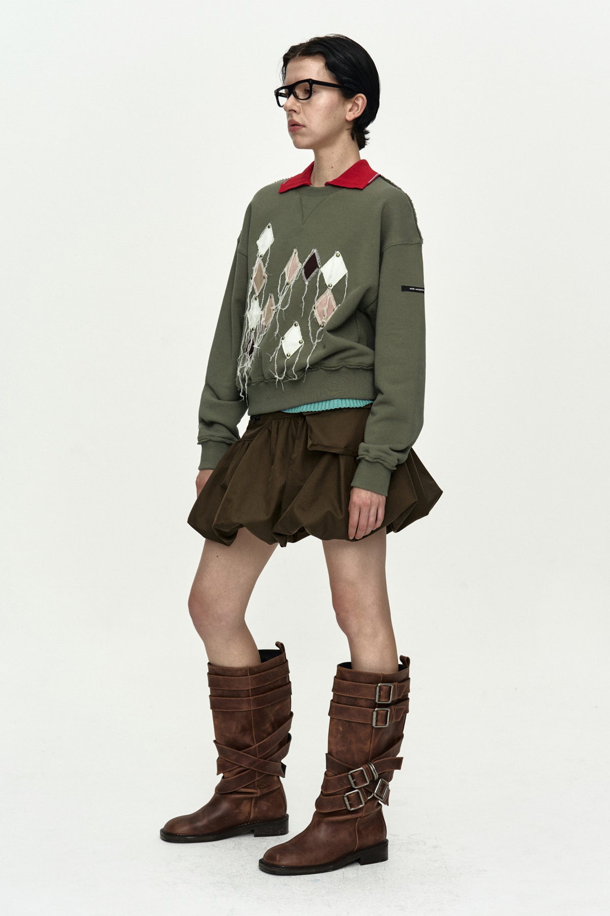 Andersson Bell (Essential) Studded Argyle Patchwork Sweatshirt Olive)