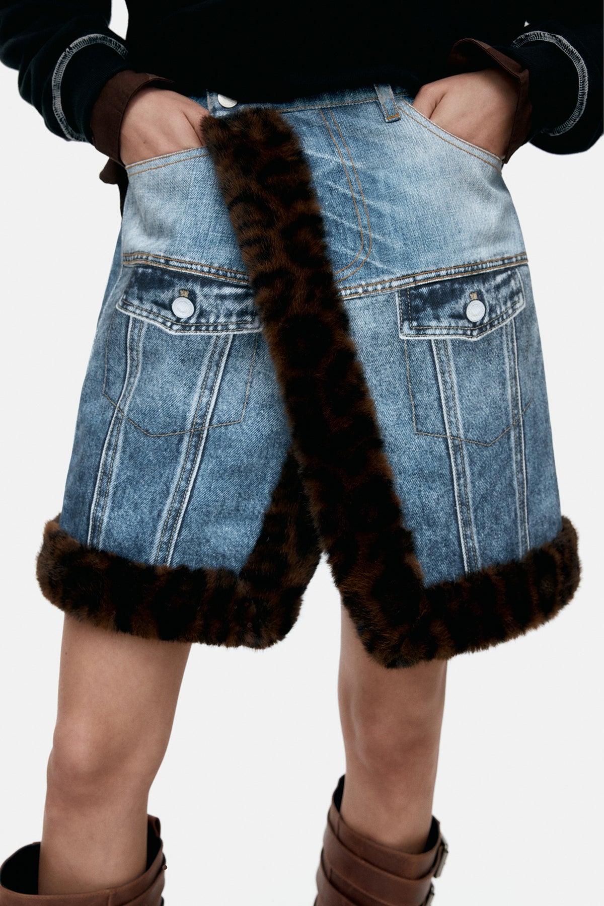 Andersson Bell Fur-Edged Denim Print Skirt