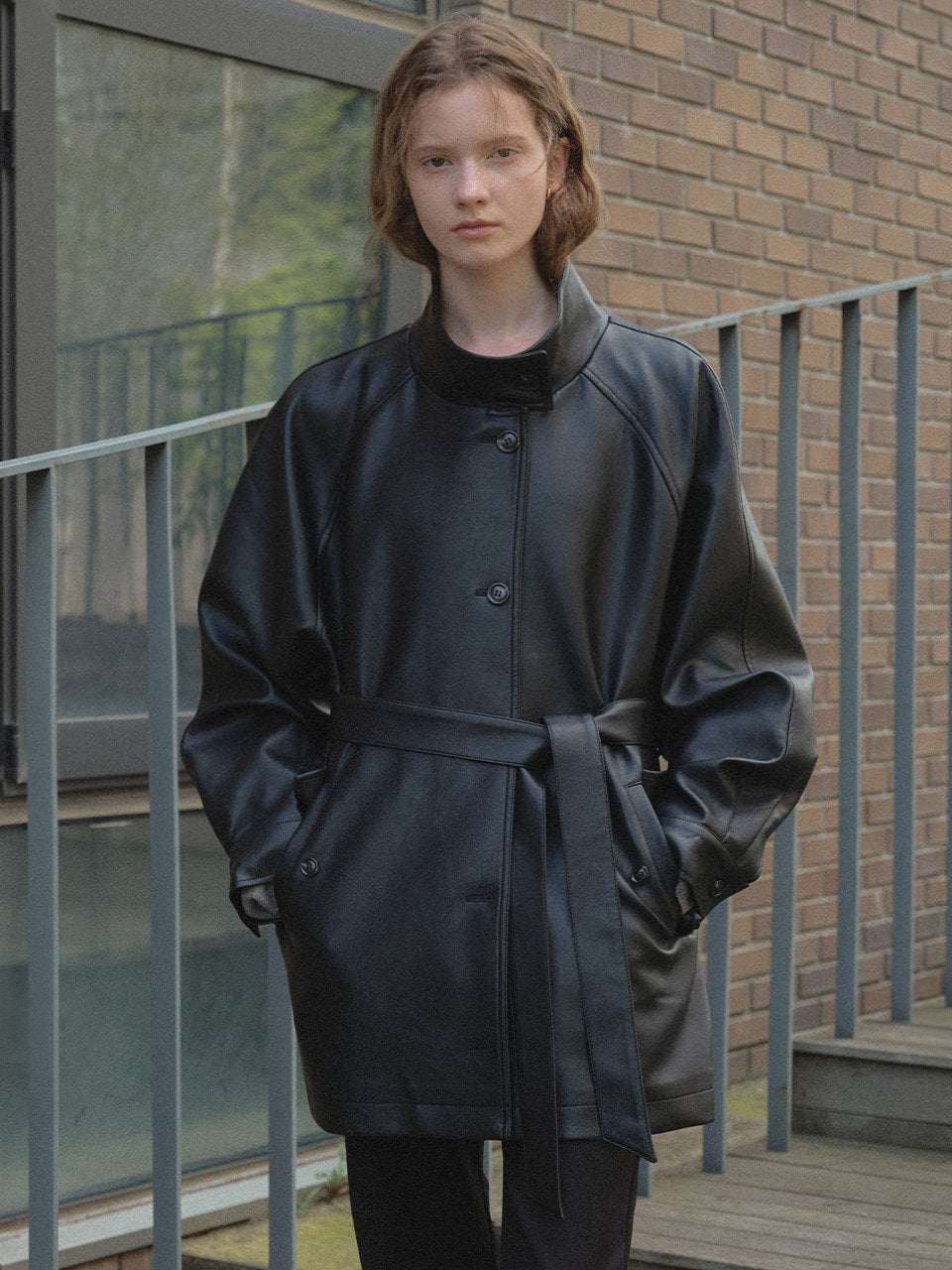 Tillidie High neck belted leather jacket Black