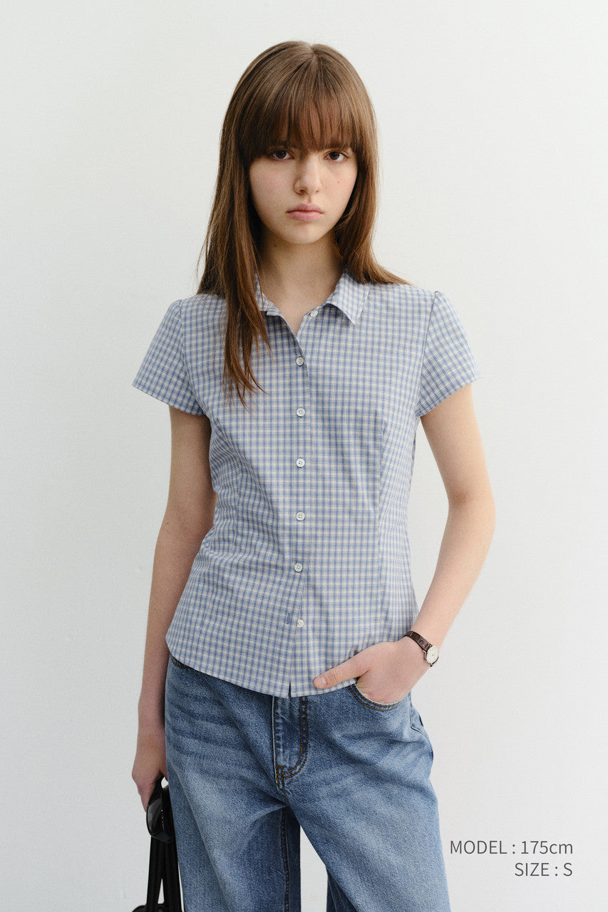 Dunst Vintage Cap Sleeve Slim Shirt Soft Blue Check