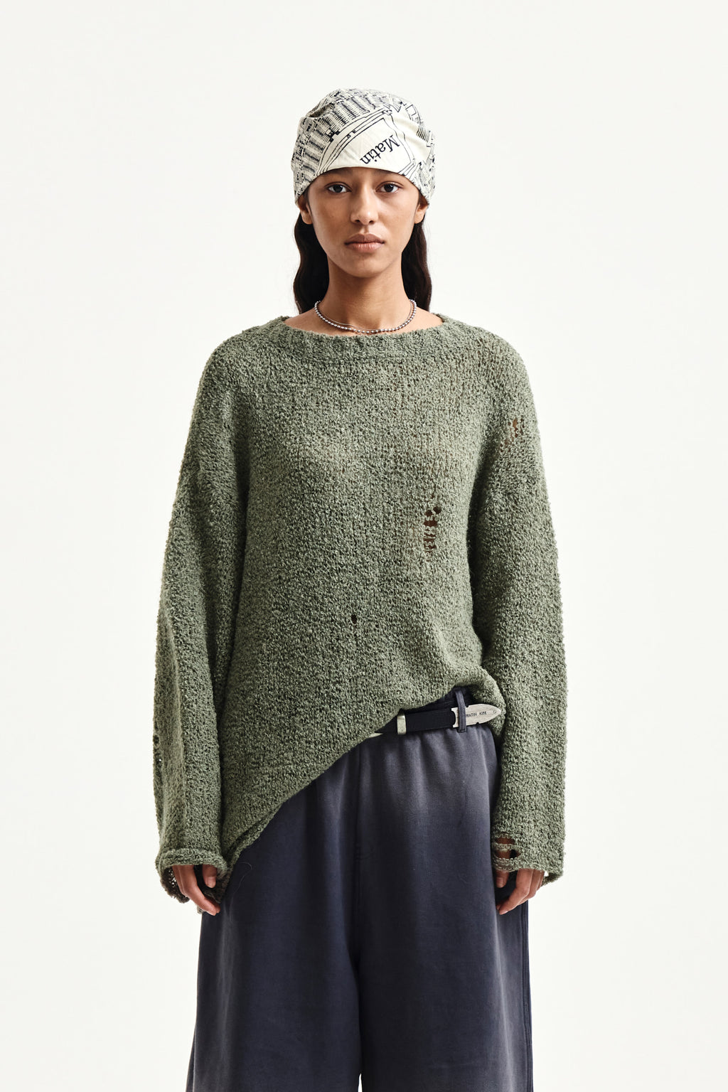 Matinkim Asymmetric Damaged Knit Pullover IN Khaki