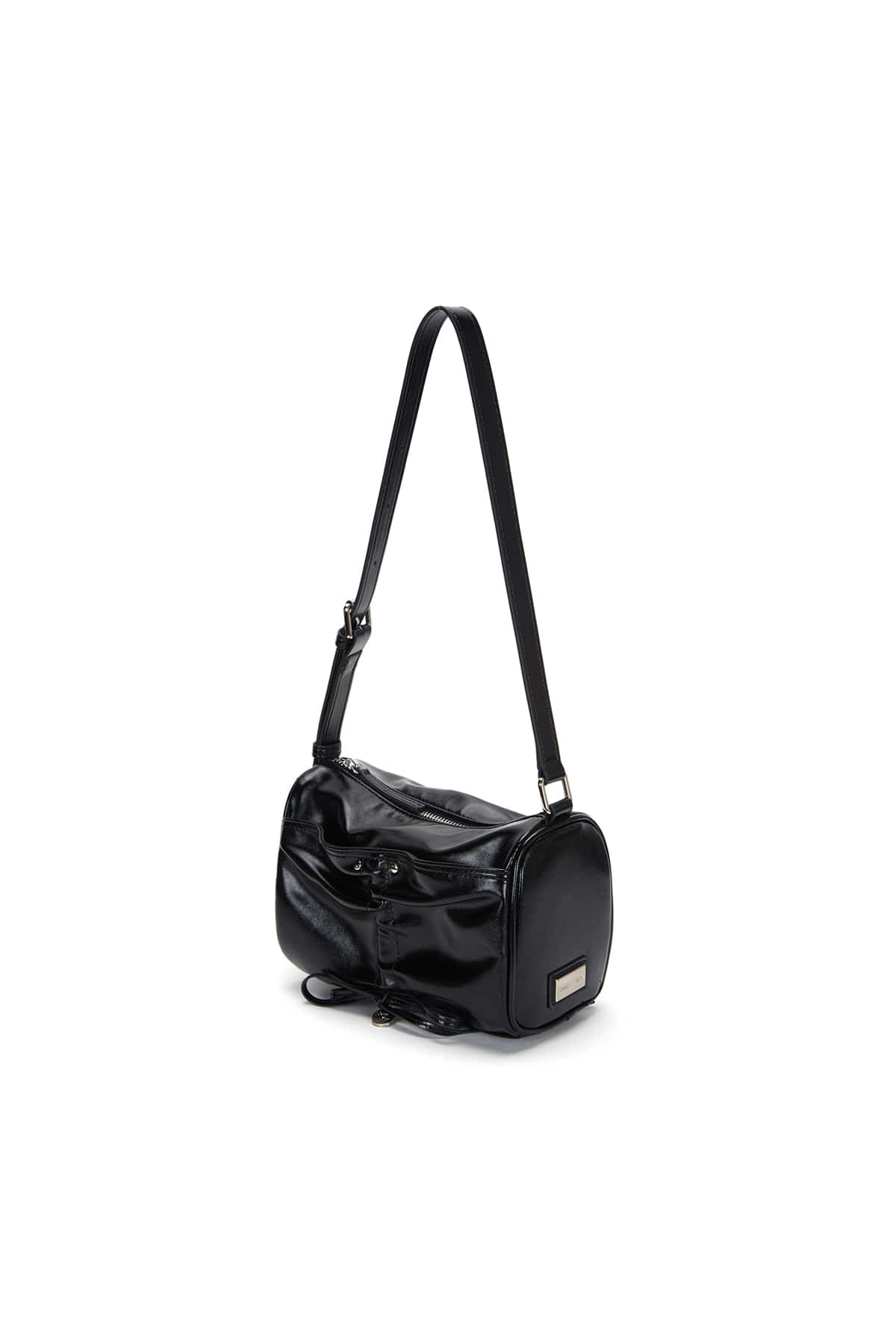 Matin Kim Front Shirring Ribbon Mini Bag in Black, a stylish Korean designer handbag.