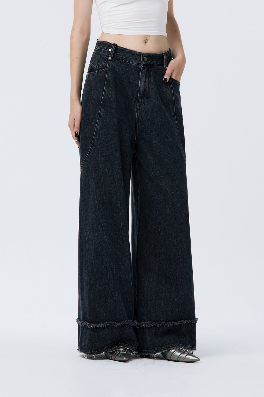 Treemingbird Turn-up Wide Denim Pants Navy