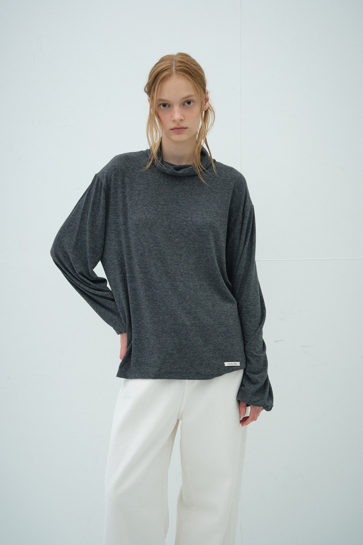 Overdueflair Loose Fit Wool Tencel Turtleneck T-Shirt Charcoal