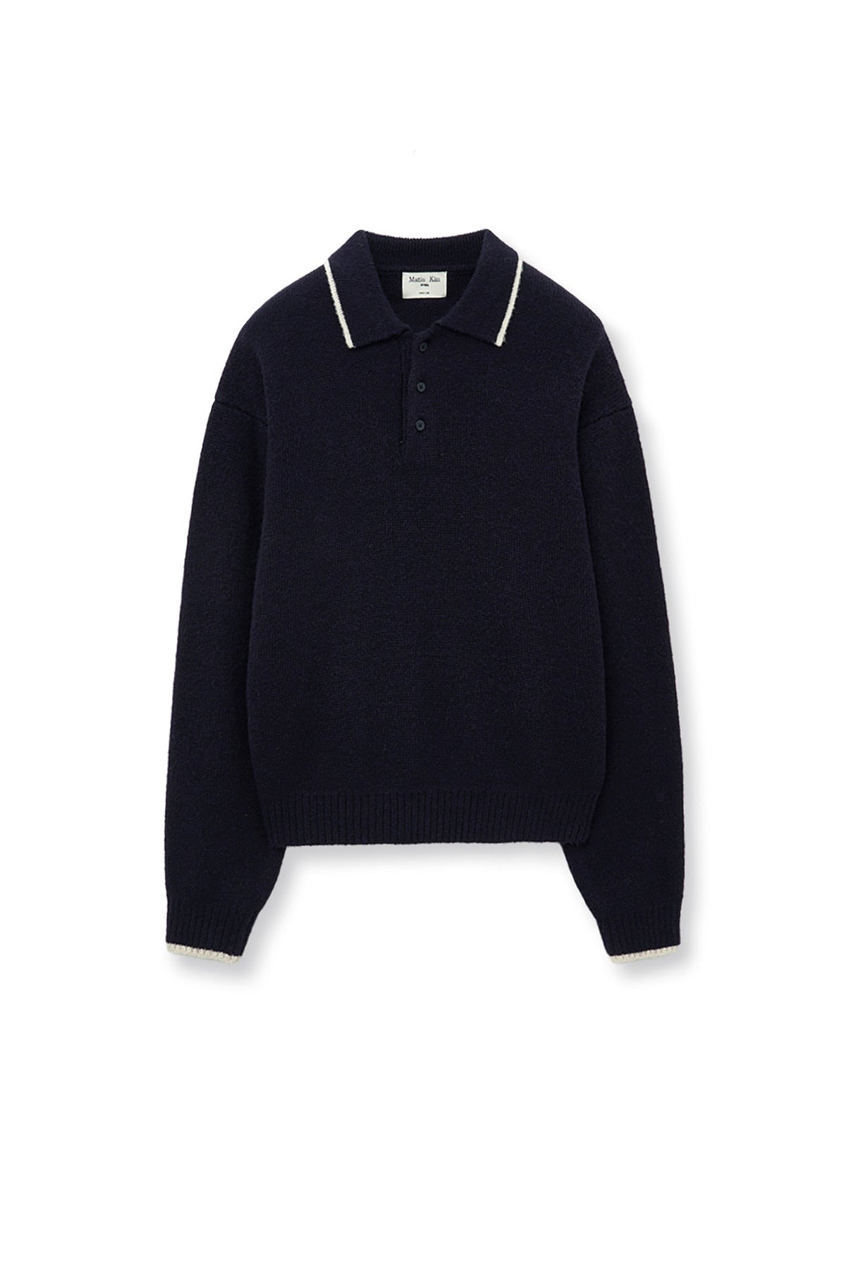 [matinkim] BACK LOGO COLLAR KNIT TOP FOR MEN IN DARK NAVY