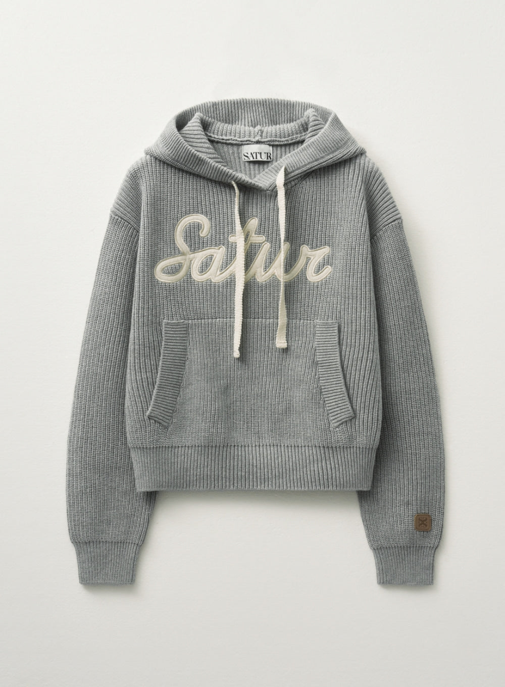 [satur] (W) Applique Logo Cashmere Blend Hood Knit - Melange Gray