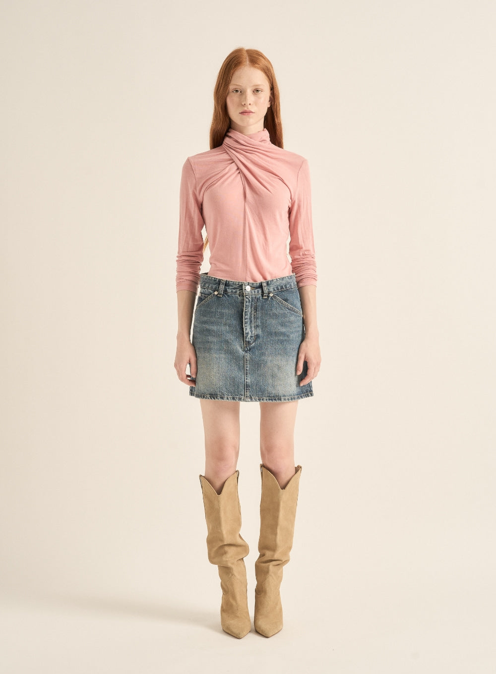 [satur] (W) Crossed Turtle Neck Long Sleeve - Pink