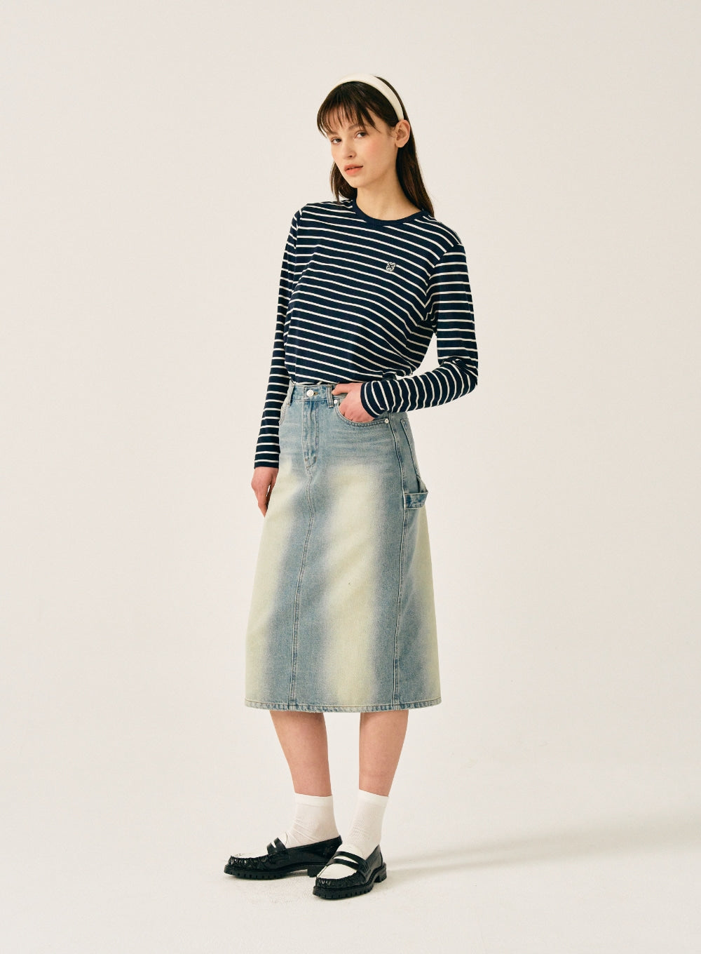 [satur] (W) All Day Cotton Stripe Long Sleeve - Classic Navy