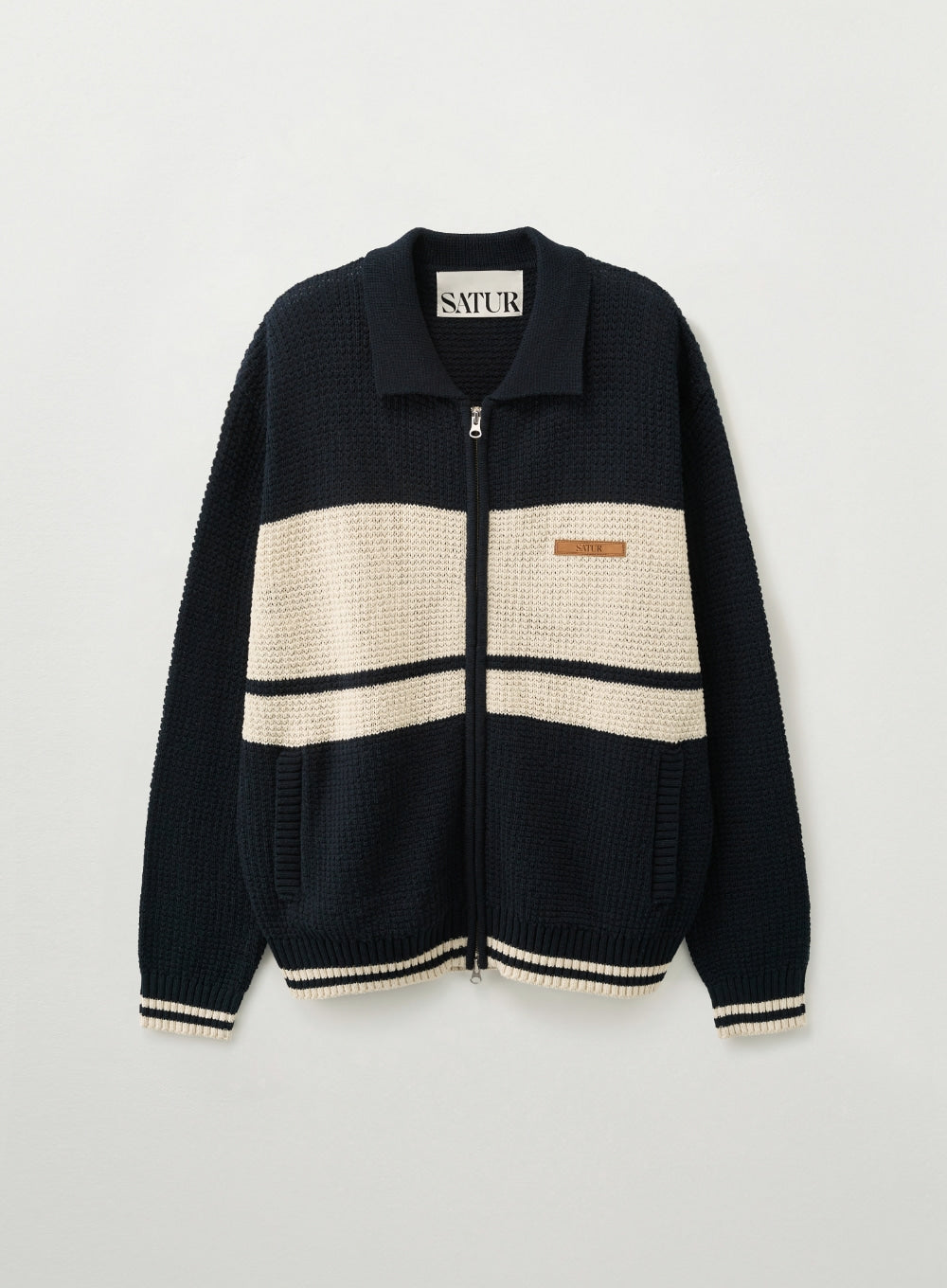 satur Color Block Knit Zip-up - Navy - View 2