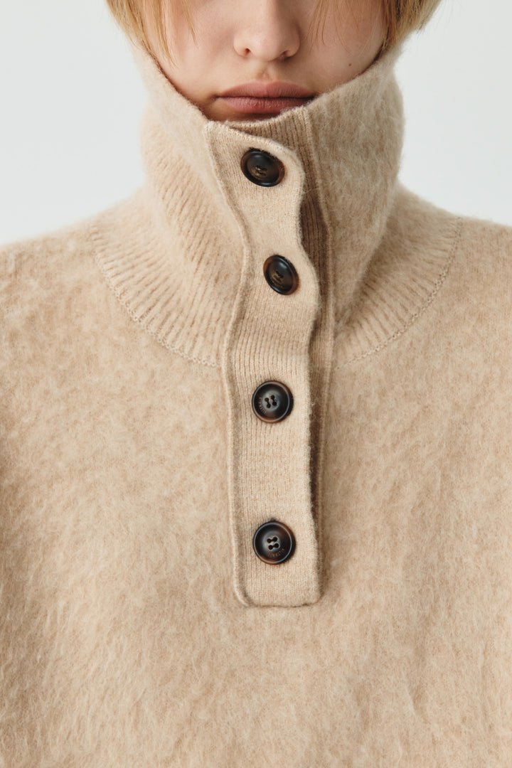 Matinkim Button High Neck Alpaca Blend Sweater IN Light Beige
