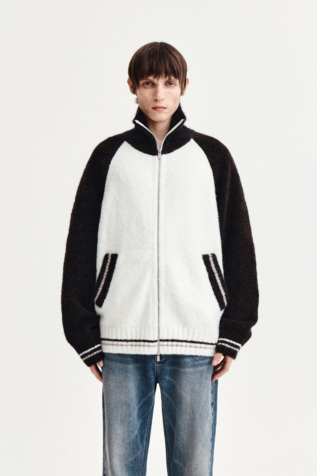 [matinkim] High Neck Raglan Knit Zip UP For Men IN Dark Brown
