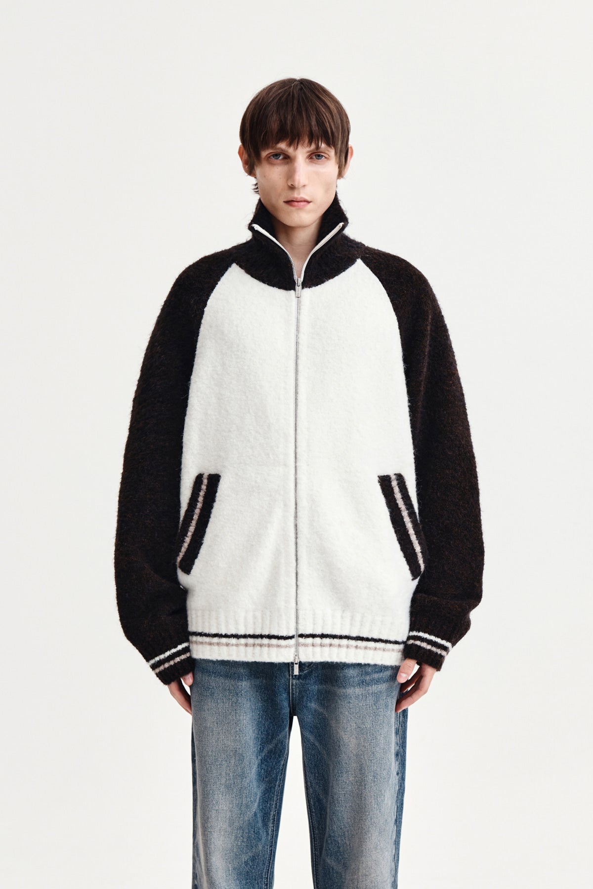 [matinkim] High Neck Raglan Knit Zip UP For Men IN Dark Brown
