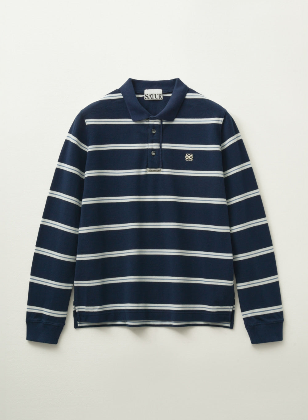 [satur] (W) Stripe Pique Polo Long Sleeve - Navy