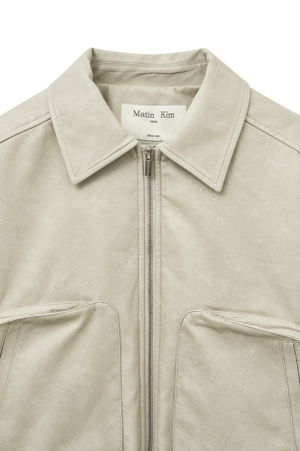 [matinkim] FAUX LEATHER OUT POCKET JUMPER IN LIGHT GREY