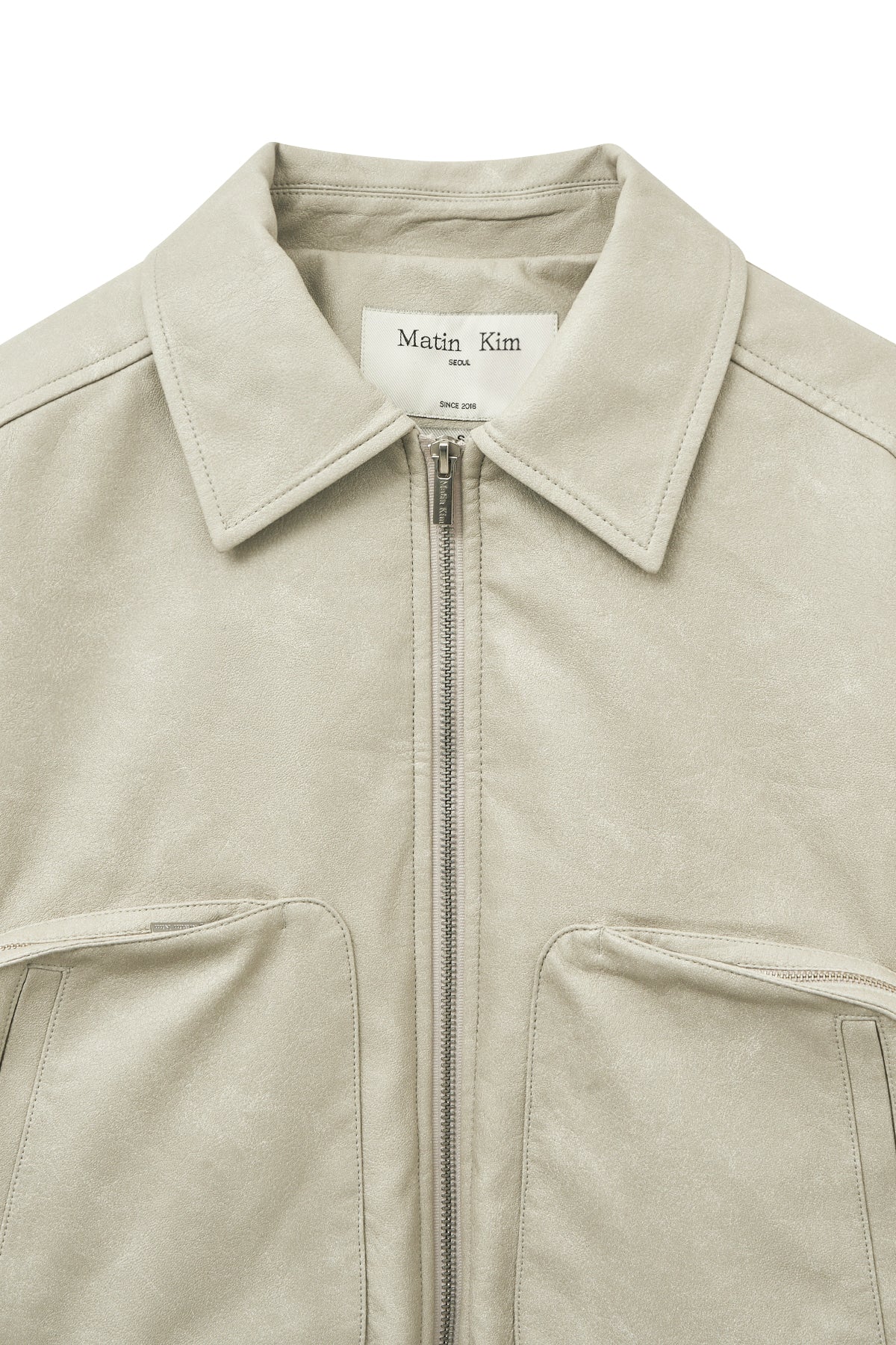 [matinkim] FAUX LEATHER OUT POCKET JUMPER IN LIGHT GREY