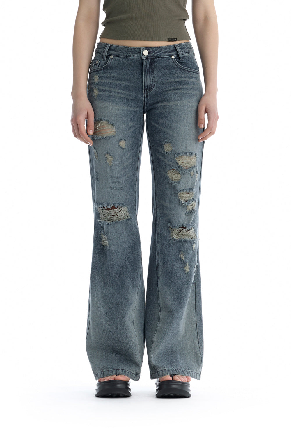 Treemingbird Distressed Bootcut Denim Pants Blue