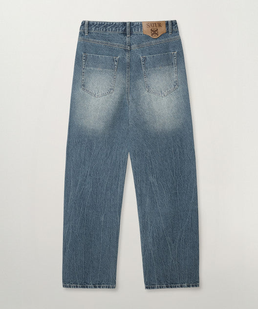 Satur Wrinkle Washed Denim Pants - Blue