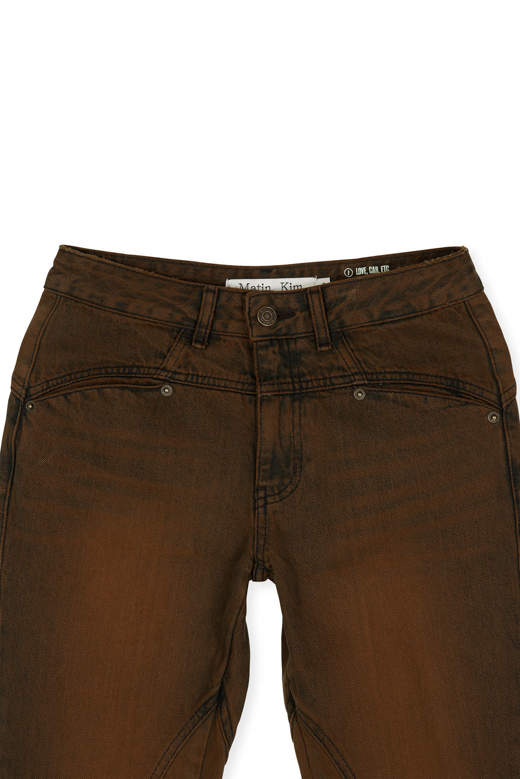 [matinkim] PEACHES ZIPPER DETAIL BOOTS CUT DENIM PANTS IN BROWN