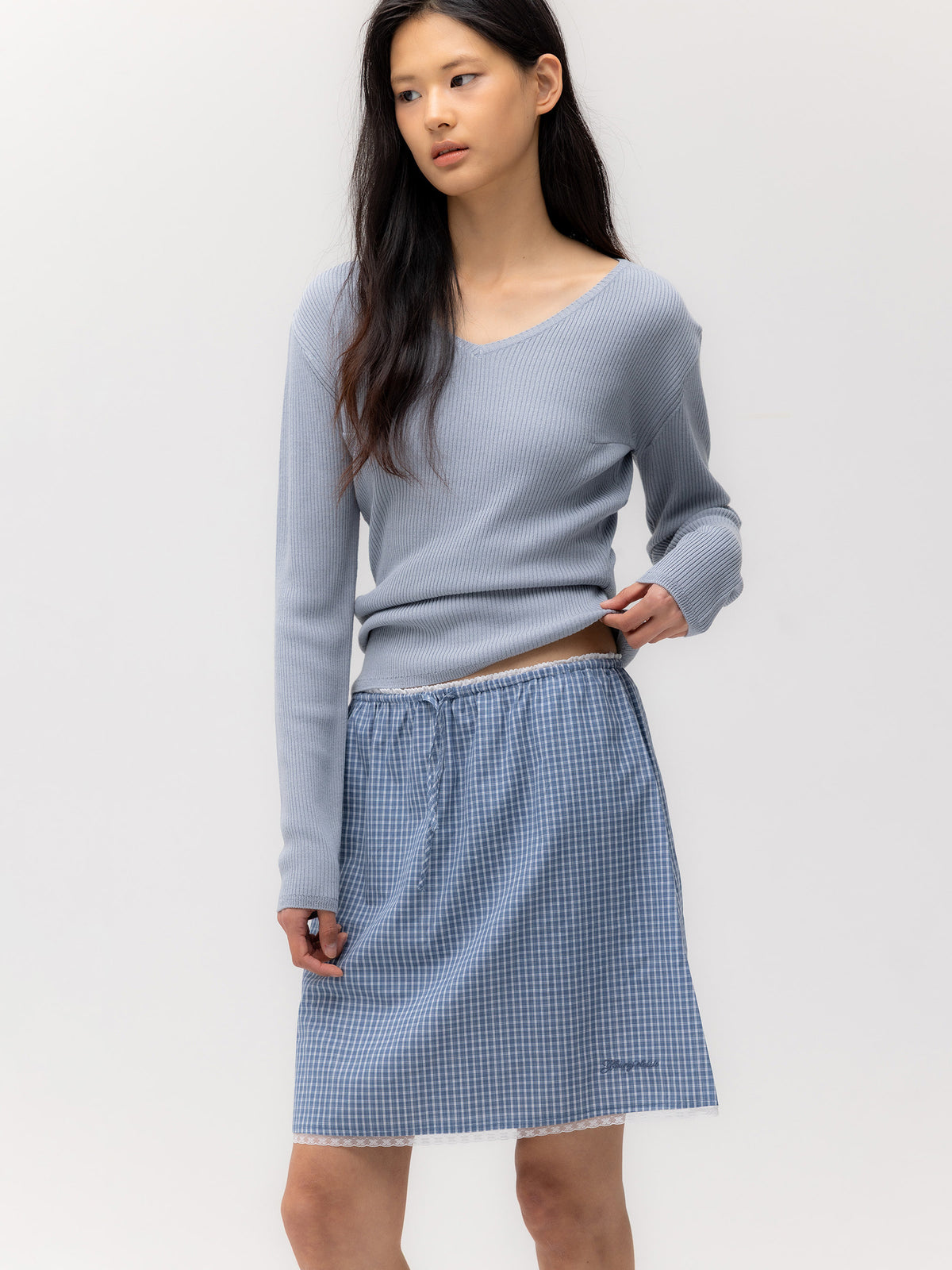 GLOWNY G Classic Rib V-Neck Knit (Blue)